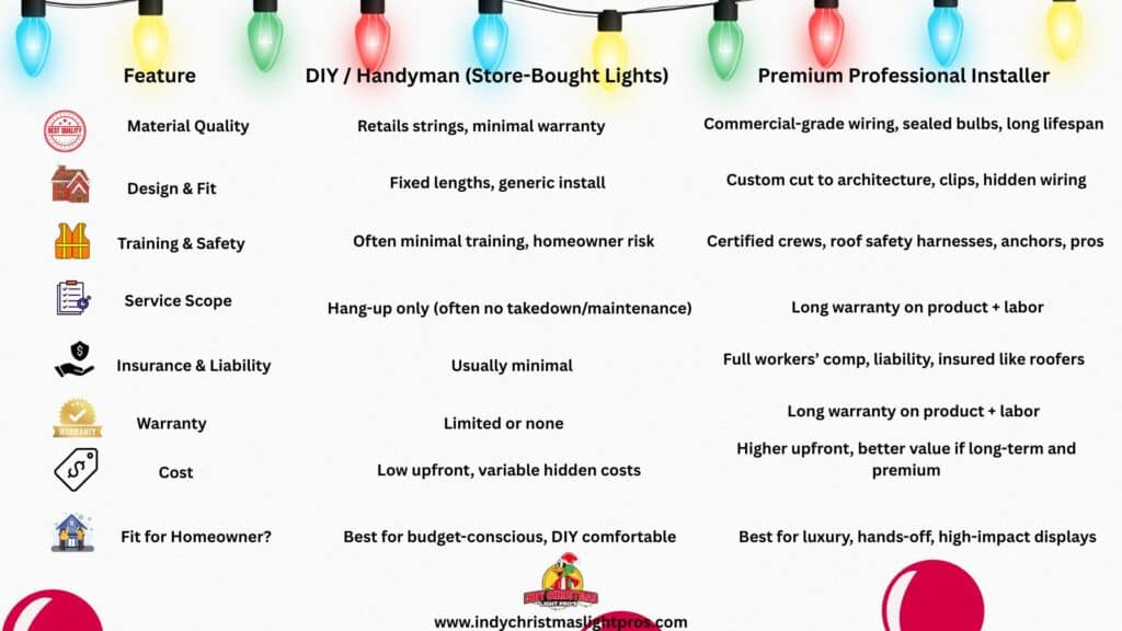 Comparison chart by Indy Christmas Light Pros showing the differences between DIY or handyman Christmas light installation and premium professional Christmas light installation, highlighting quality, safety, warranty, cost, and homeowner fit