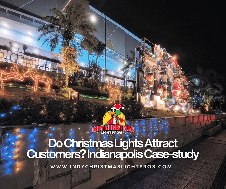 A commercial building in Indianapolis with custom Christmas lights by Indy Christmas Light Pros, featured in a case study proving do Christmas lights attract customers.